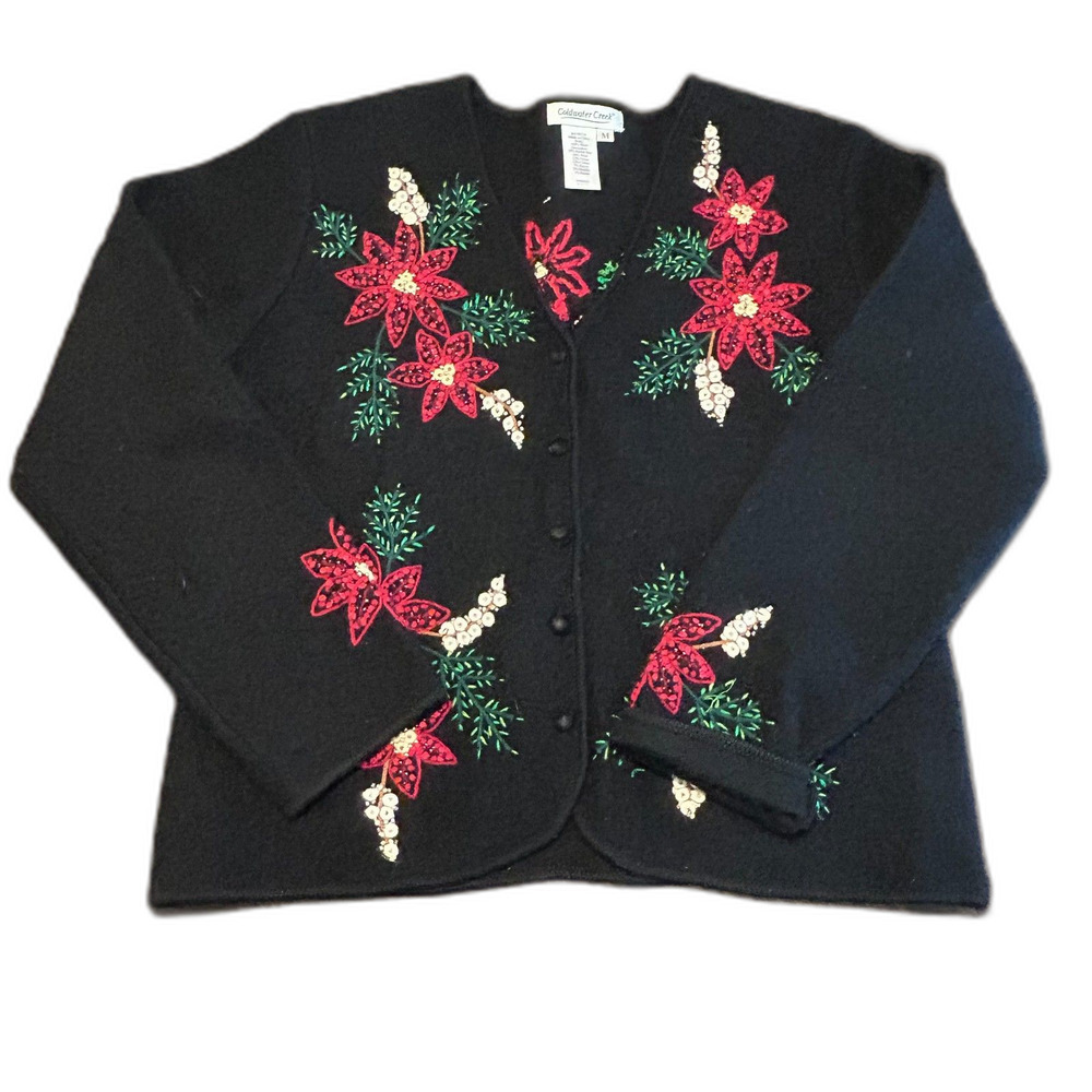 Vintage Coldwater Creek Poinsettia Wool Cardigan Holiday Festive Grandma-core